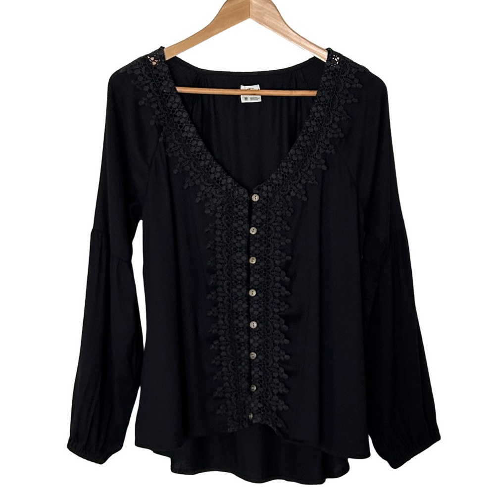O’Neill Boho Balloon Long Sleeve Lace Trim Button Up Blouse - M - Black